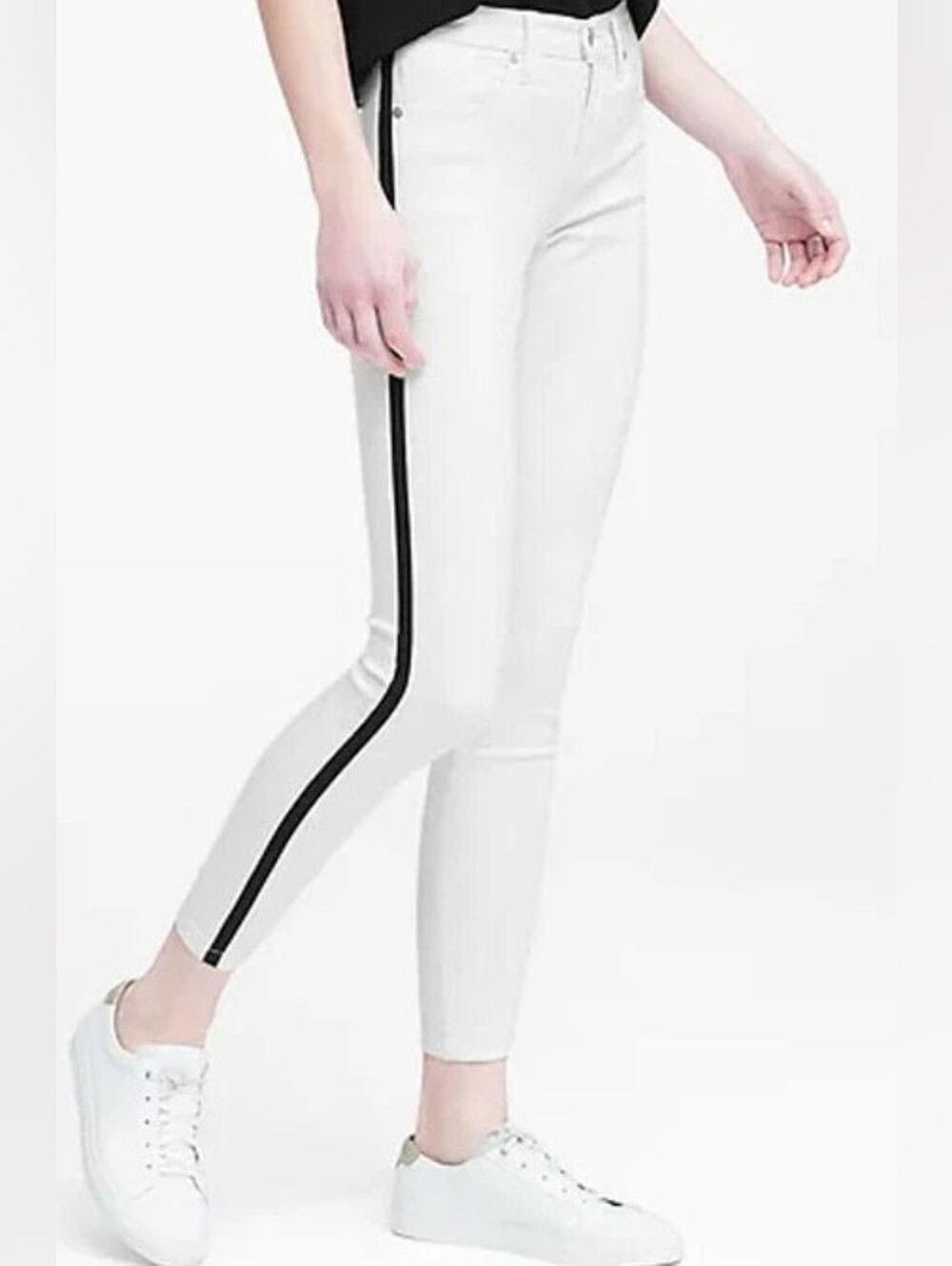 Banana Republic White Mid Rise Skinny Jeans with Black Side Stripe Misses 28